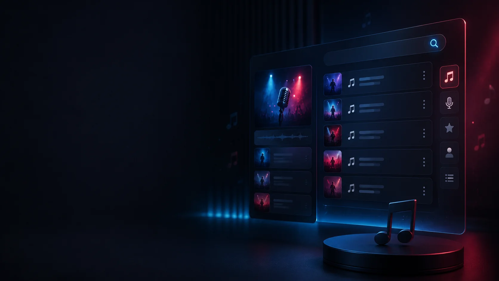 Interface digital de catálogo musical com busca e listas de karaokê