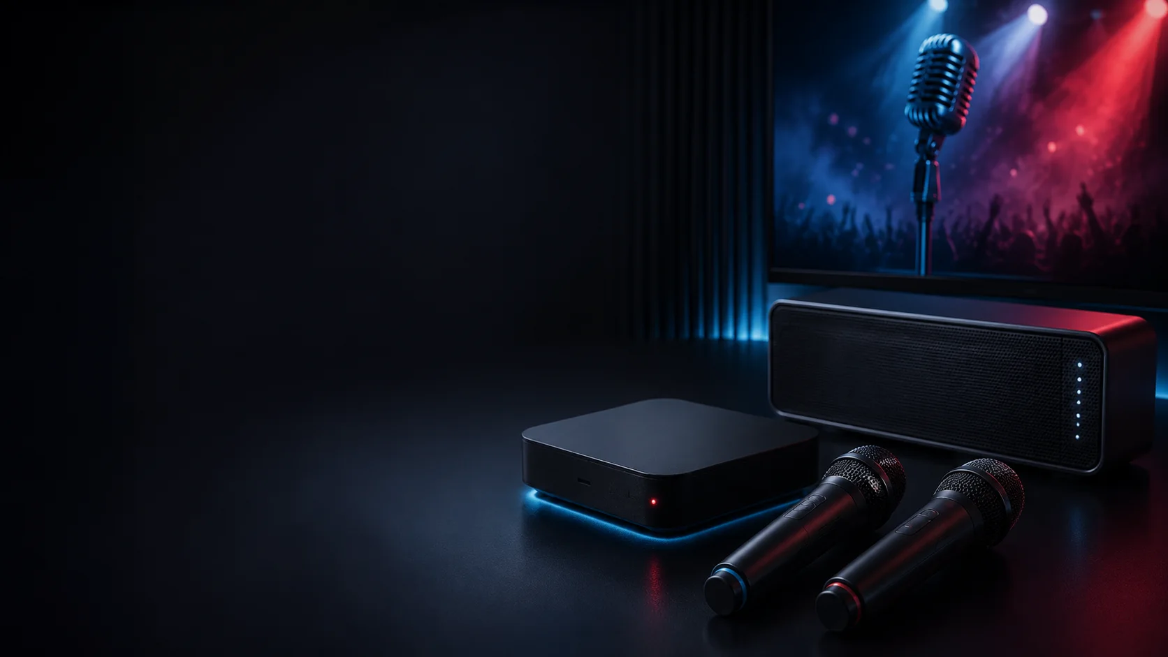 Kit de karaokê com aparelho, caixa de som e dois microfones
